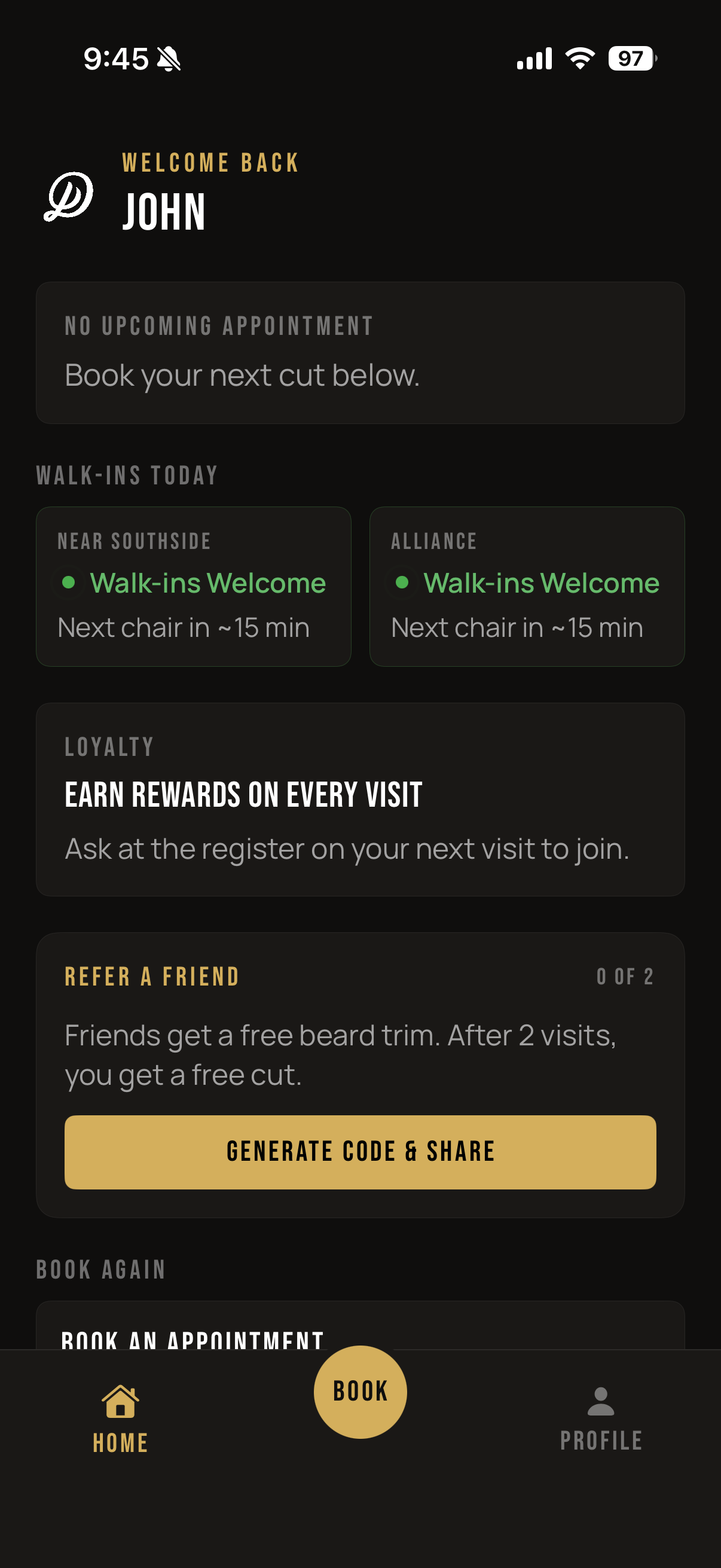 District Barbershop app booking screen